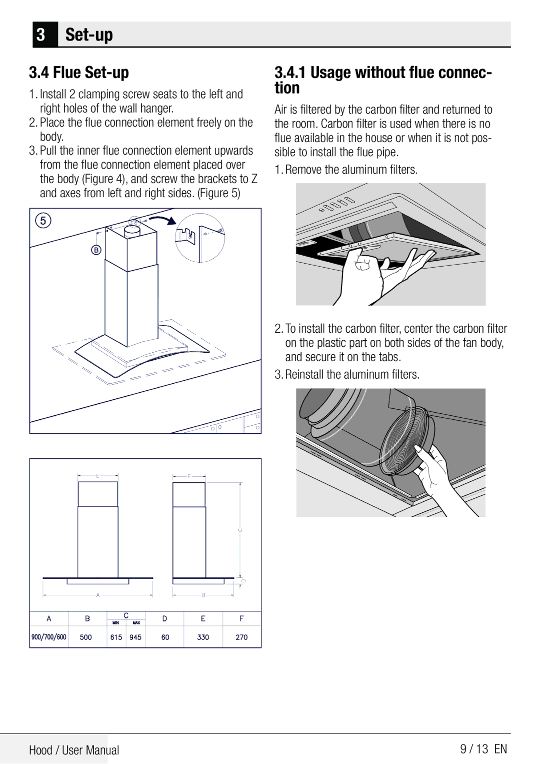 Beko CWB 9601 X Flue Set-up, Usage without flue connec Tion, Place the flue connection element freely on the body 