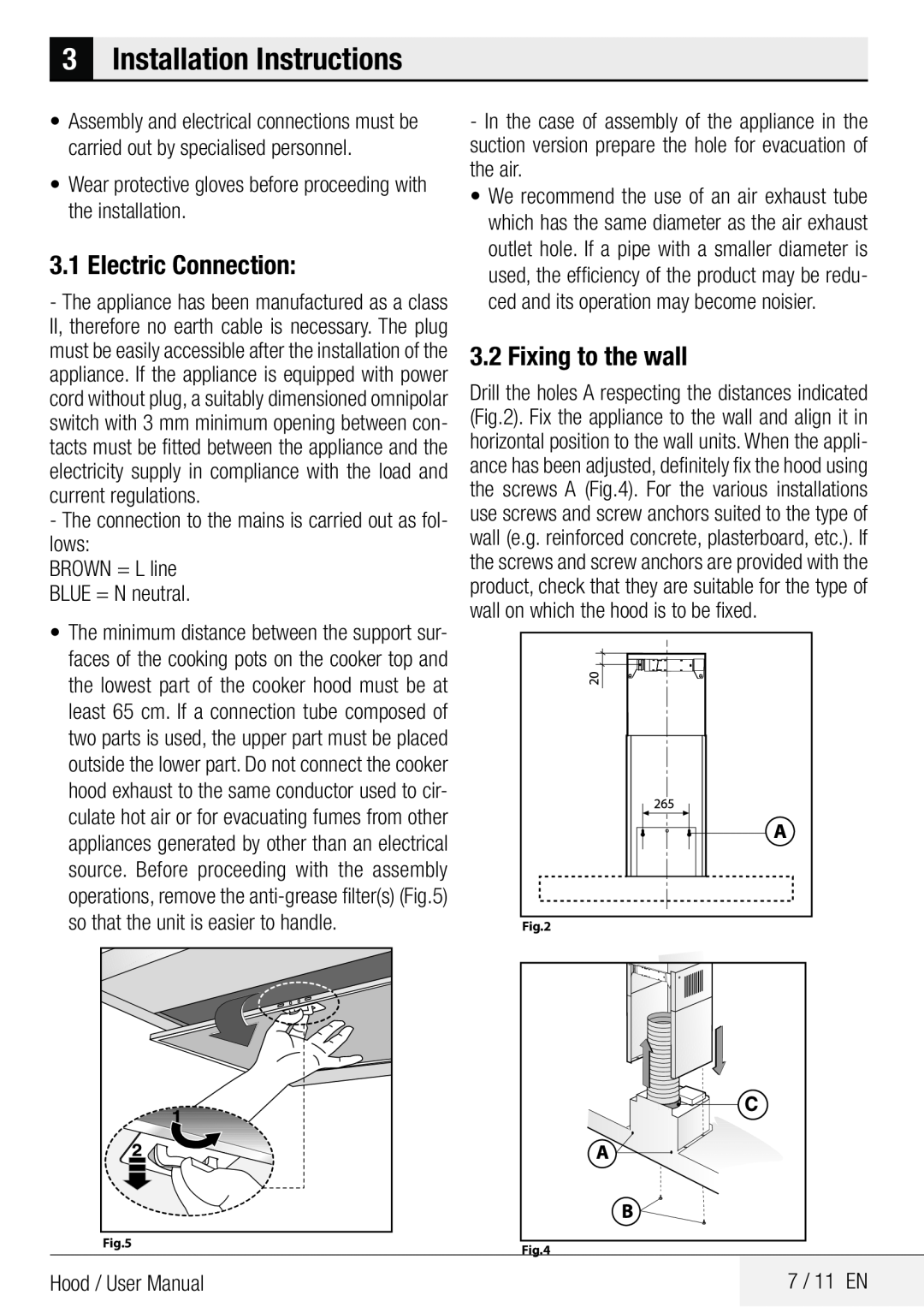 Beko CWB6403X, CWB9403X manual 3Installation Instructions, Electric Connection, Fixing to the wall 