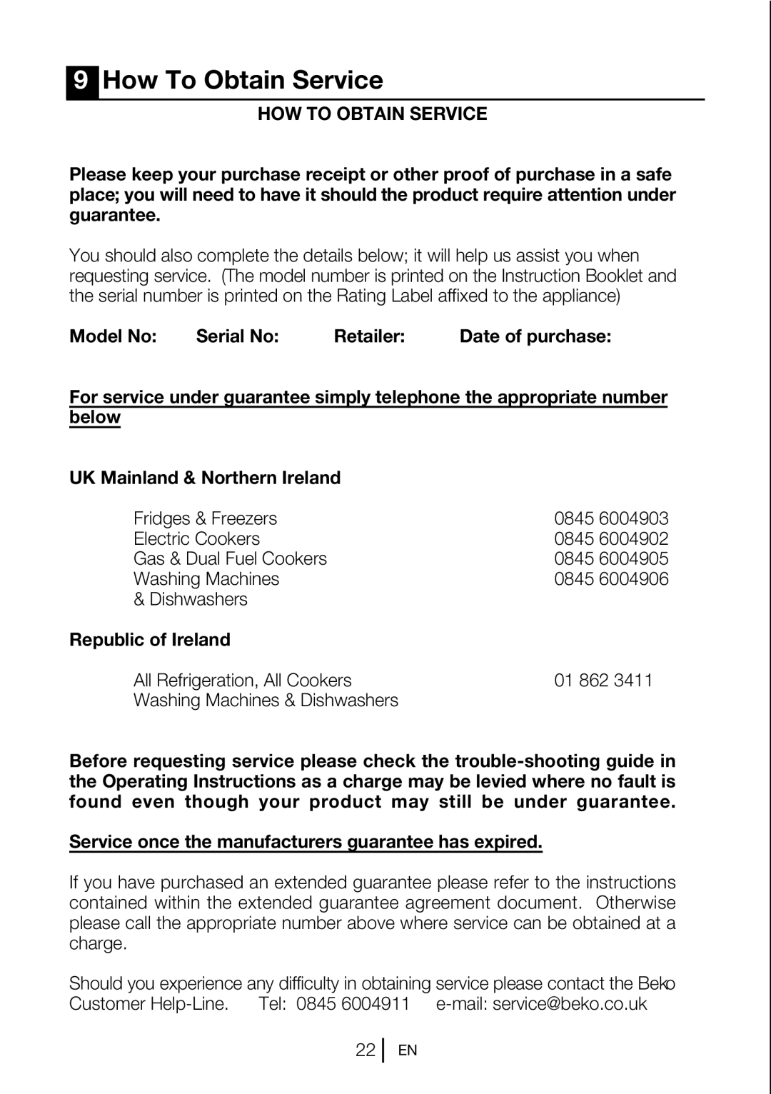 Beko CXF5104 W, CXF5104 B, CXF5104 S manual How To Obtain Service, HOW to Obtain Service 