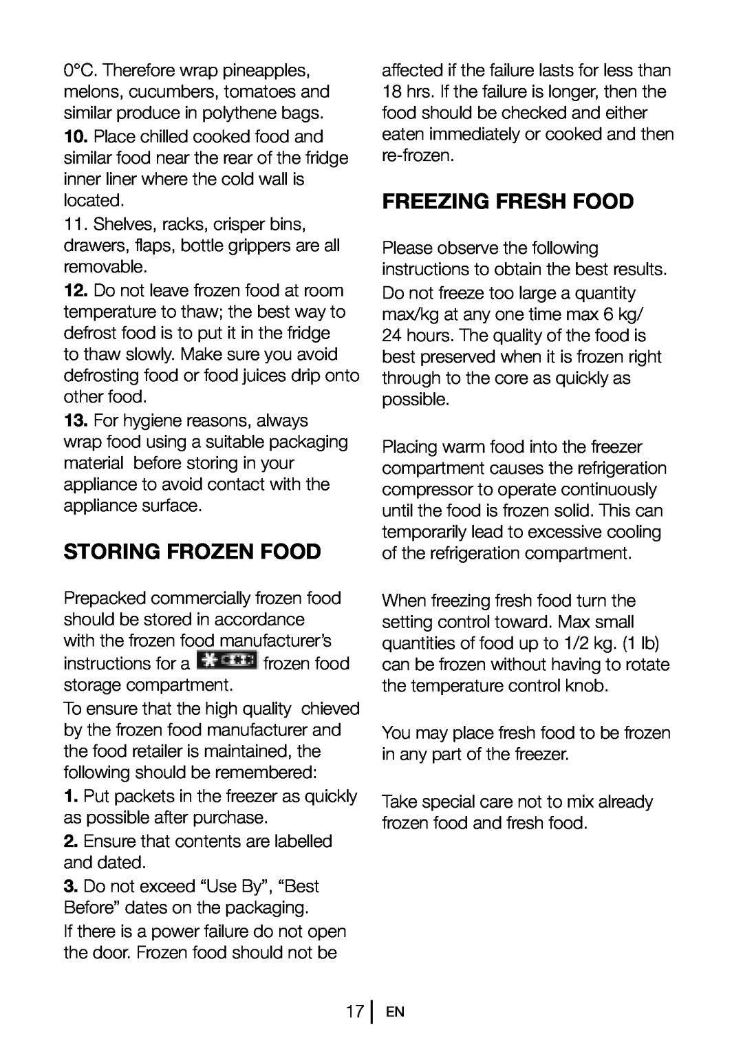 Beko CXF6114 S manual Storing Frozen Food, Freezing Fresh Food 