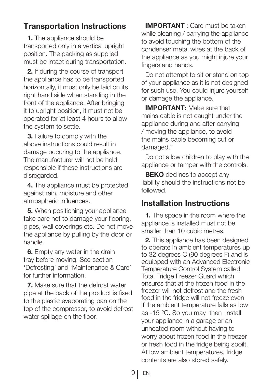 Beko CFD 6913 APX, CXFD 6113 W, CXFD 6113 S manual Transportation Instructions, Installation Instructions 