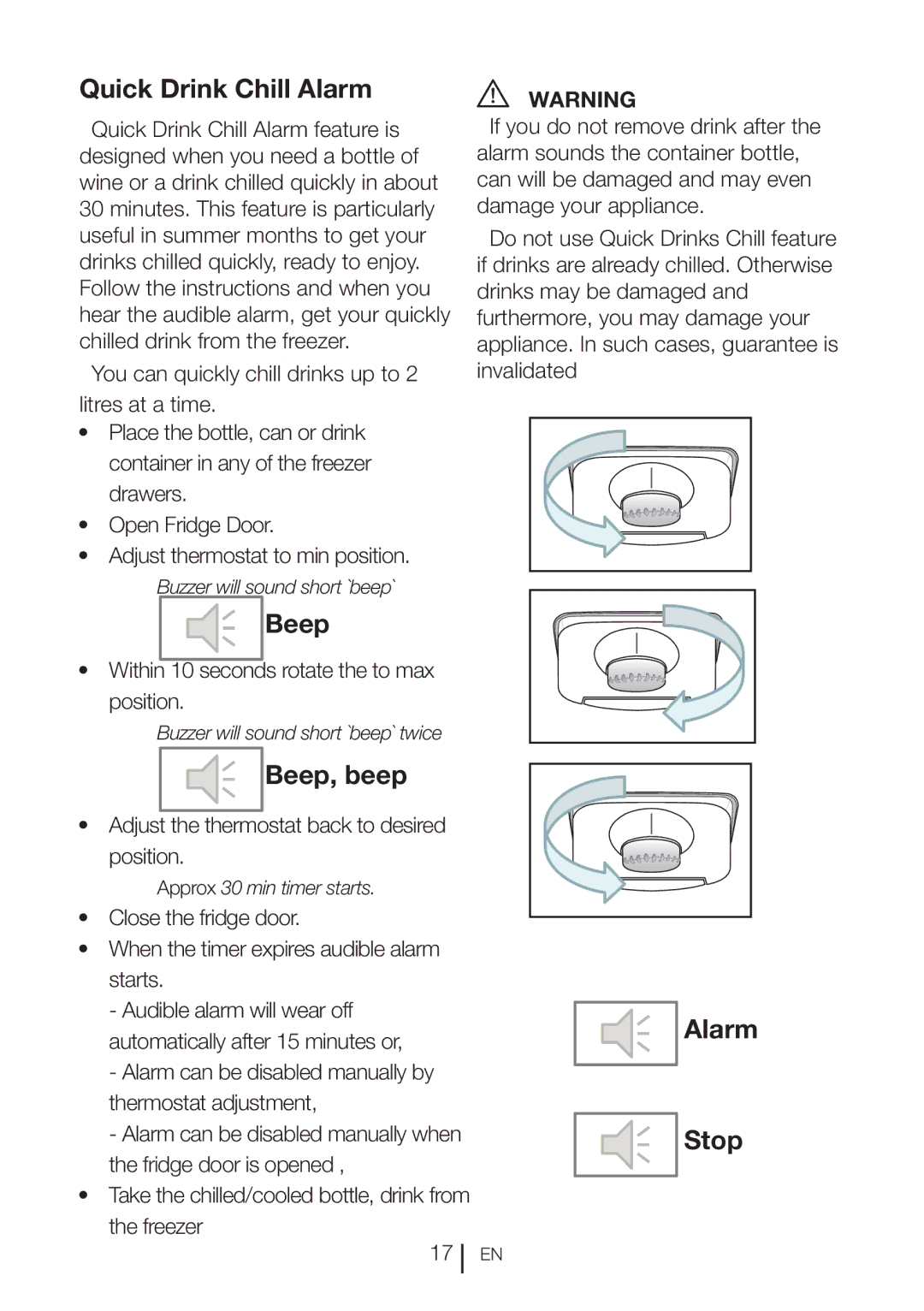 Beko CXFD 6113 W, CFD 6913 APX, CXFD 6113 S manual Quick Drink Chill Alarm, Beep, beep, Alarm Stop 