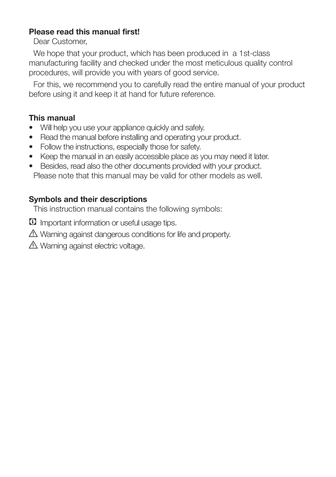 Beko CXFD 6113 S, CXFD 6113 W, CFD 6913 APX Please read this manual first, This manual, Symbols and their descriptions 