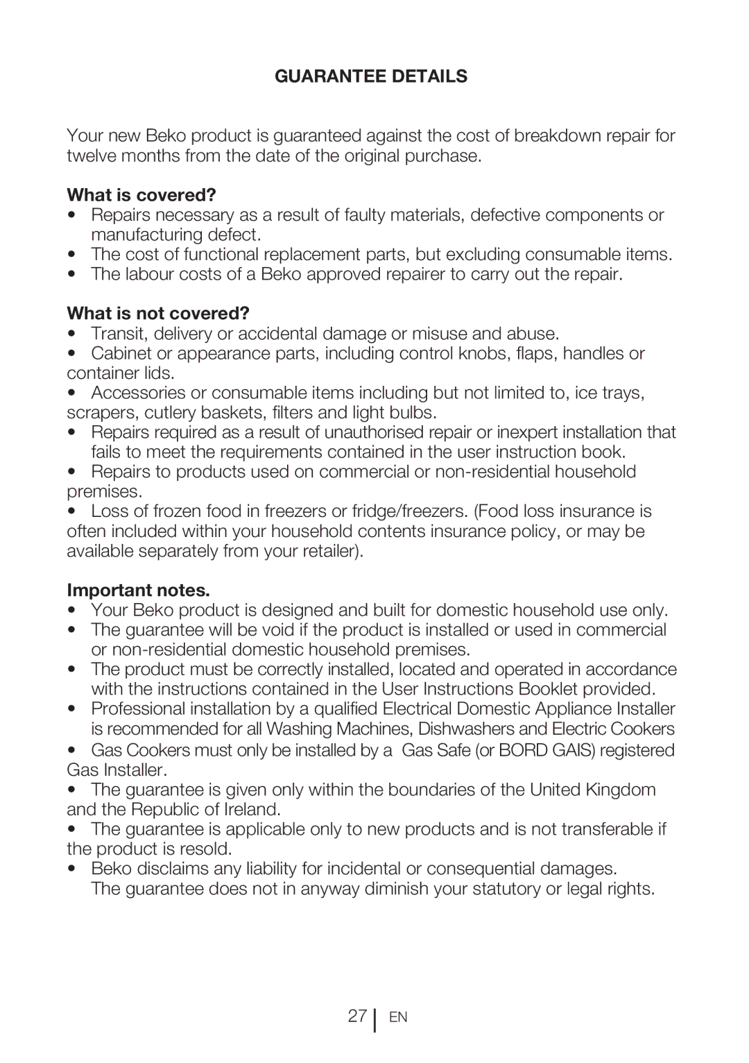 Beko CFD 6913 APX, CXFD 6113 W, CXFD 6113 S manual What is covered?, What is not covered?, Important notes 