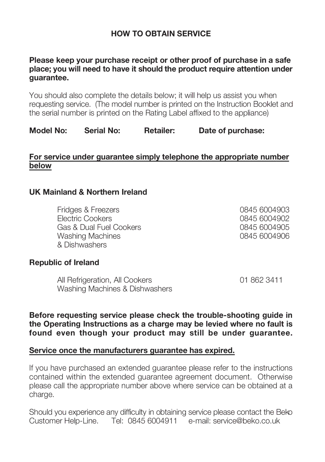 Beko CXFD 6113 S, CXFD 6113 W, CFD 6913 APX manual HOW to Obtain Service 