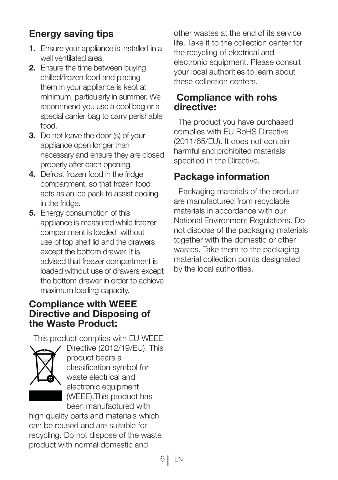 Beko CFD 6913 APX, CXFD 6113 W, CXFD 6113 S manual Energy saving tips, Compliance with rohs directive, Package information 