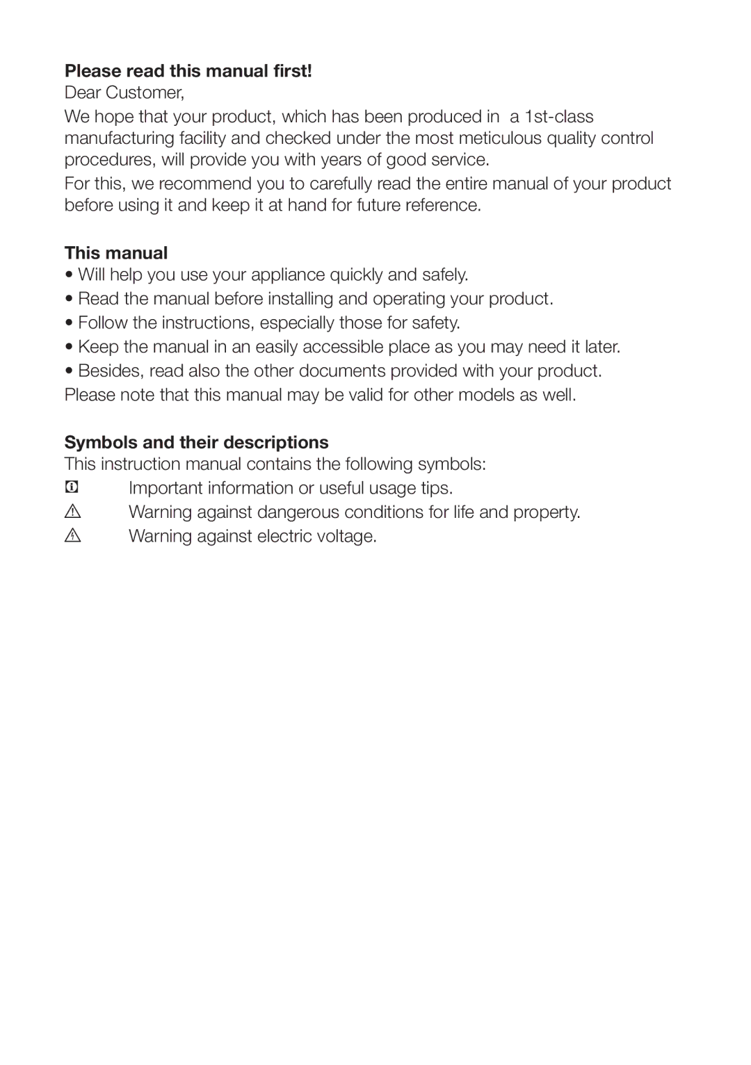 Beko CXFD 6114B Please read this manual first, This manual, Symbols and their descriptions 