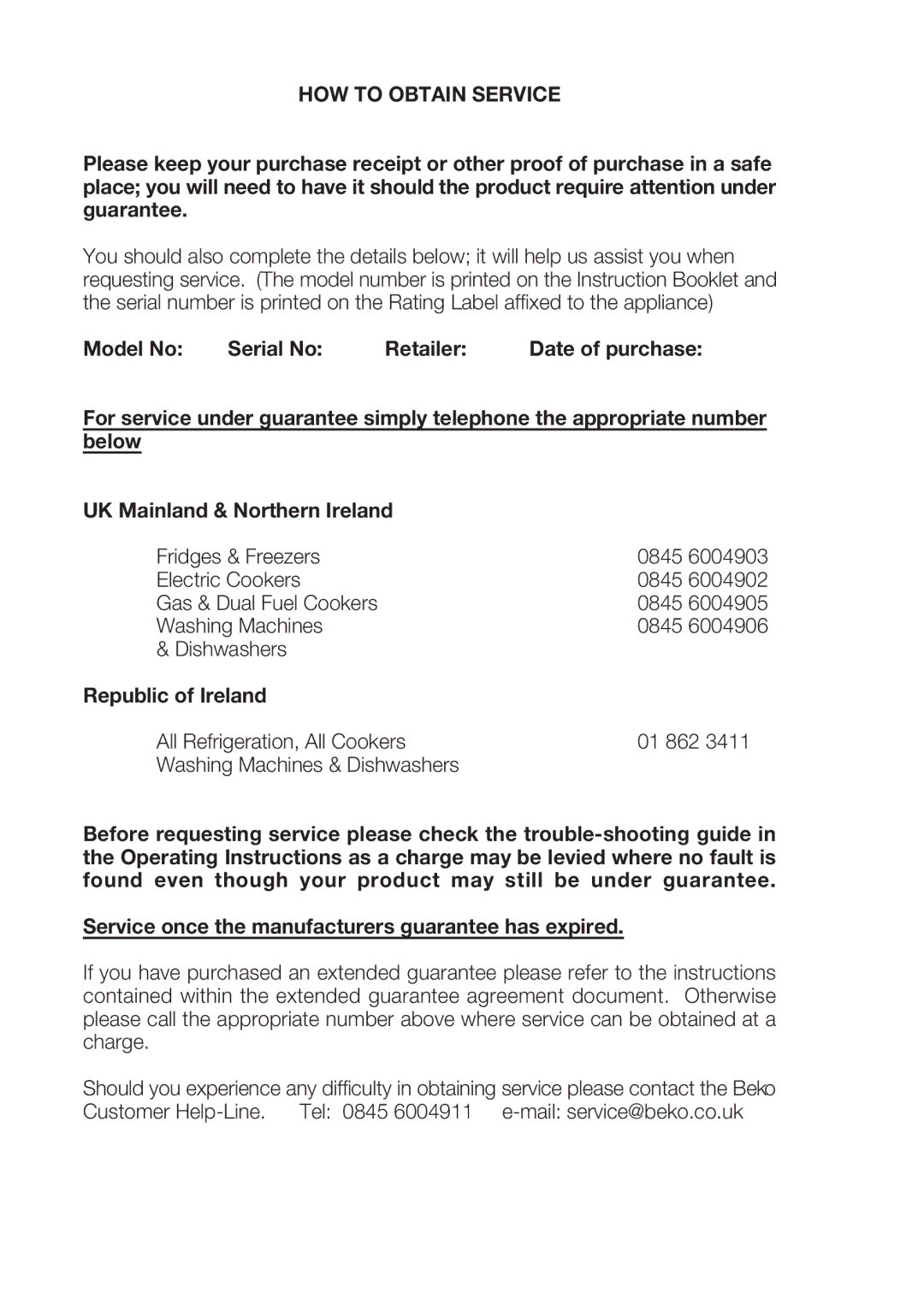 Beko CXFD 6114B Model No Serial No Retailer Date of purchase, Below UK Mainland & Northern Ireland, Republic of Ireland 