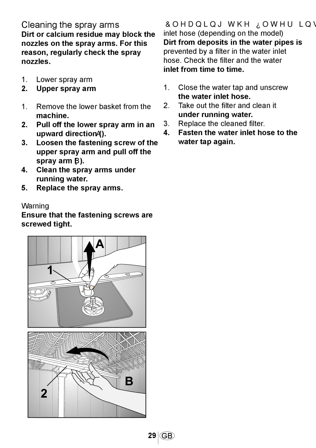 Beko D 5001 EX, D 5001 EM, D 5001 ES instruction manual Cleaning the spray arms 