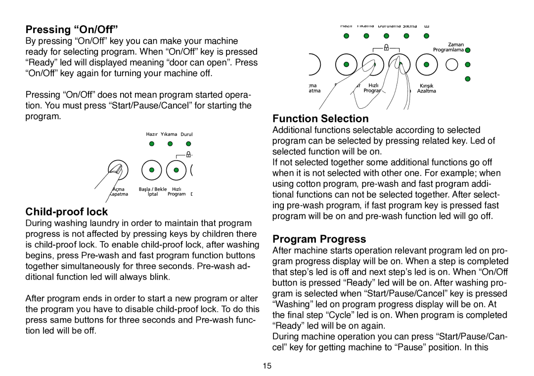 Beko D 5102 B user manual Pressing On/Off, Child-proof lock, Function Selection, Program Progress 