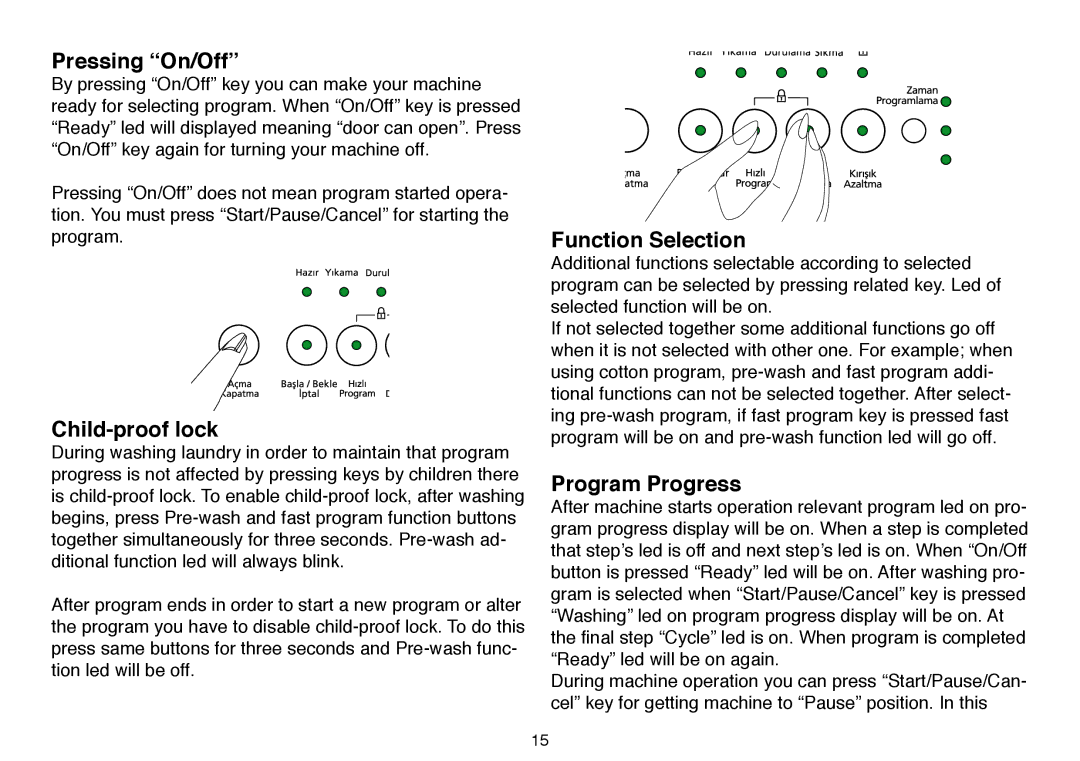 Beko D 6101 B, D 6082 B, D 6081 B user manual Pressing On/Off, Child-proof lock, Function Selection, Program Progress 