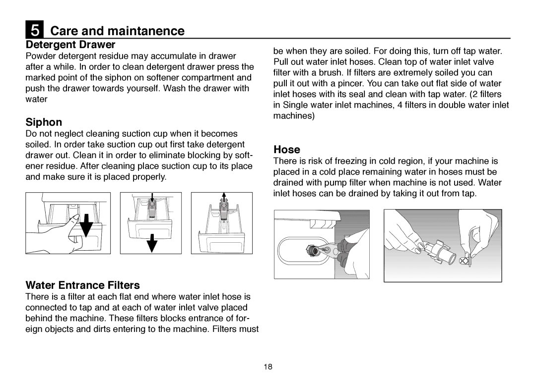 Beko D 6101 B, D 6082 B, D 6081 B user manual Care and maintanence, Detergent Drawer, Siphon, Hose, Water Entrance Filters 