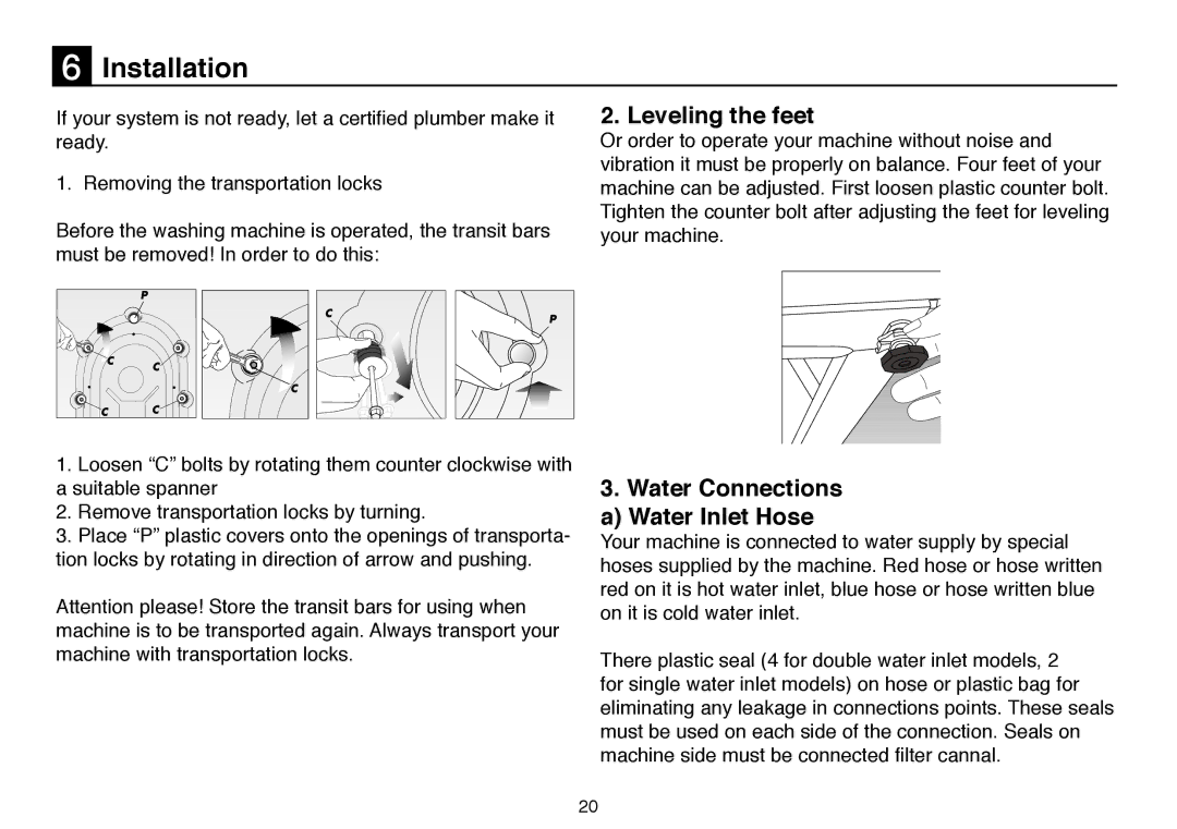 Beko D 6081 B, D 6101 B, D 6082 B user manual Installation, Leveling the feet, Water Connections a Water Inlet Hose 