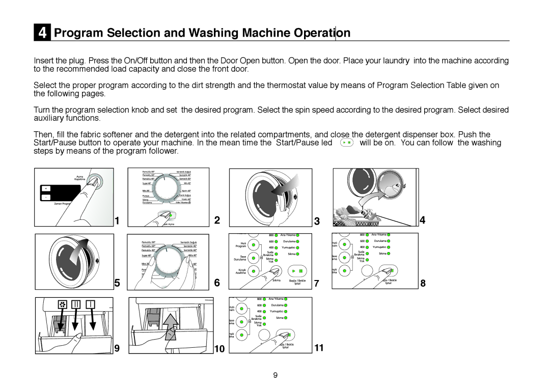 Beko D 7082E, D 7081E, D 7102ES, D 7101E manual Program Selection and Washing Machine Operation 