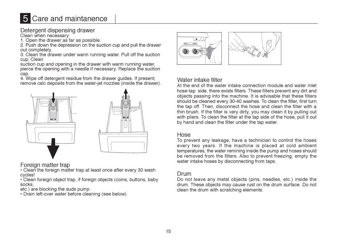 Beko D 7102ES, D 7081E, D 7082E, D 7101E manual Care and maintanence, Detergent dispensing drawer 