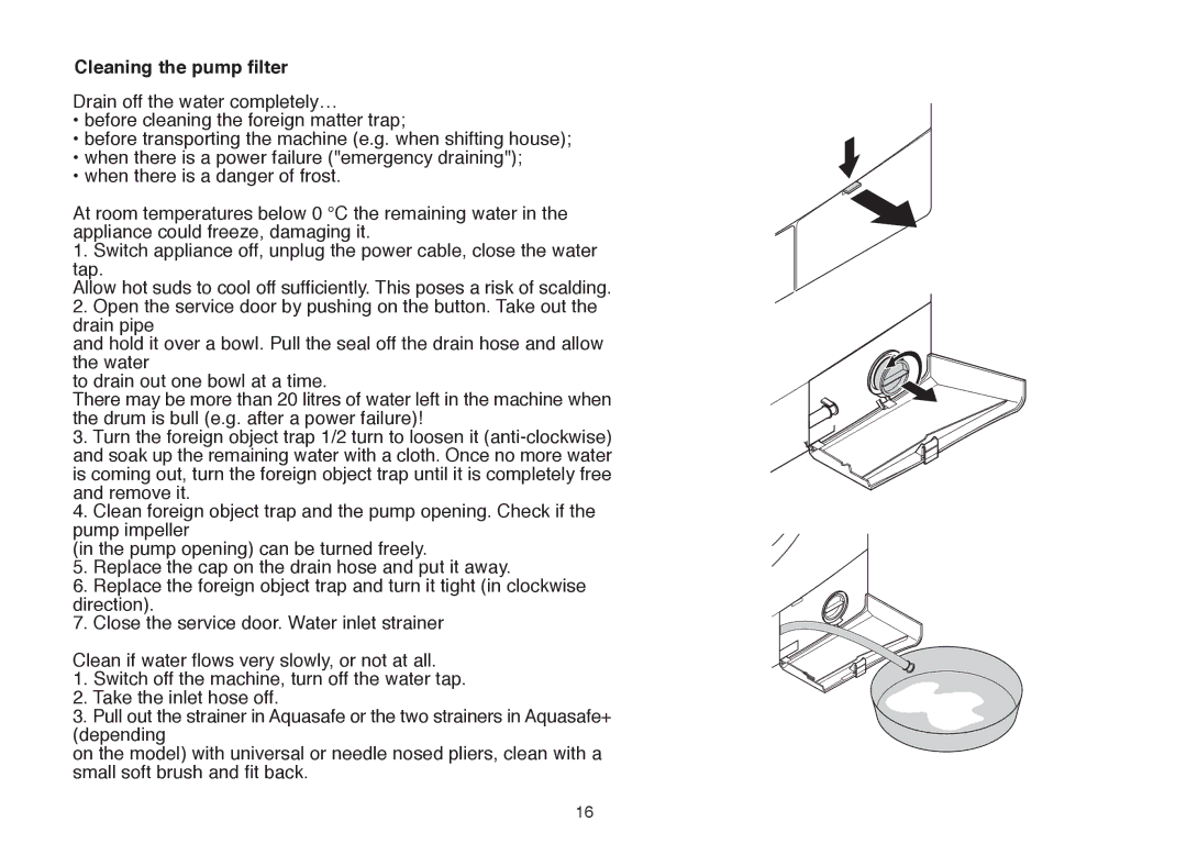 Beko D 7101E, D 7081E, D 7082E, D 7102ES manual Cleaning the pump filter 