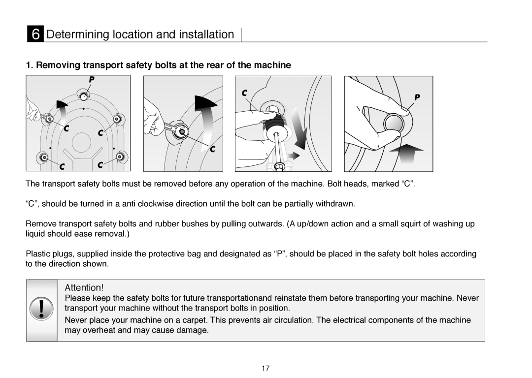 Beko D 7081E, D 7102E Determining location and installation, Removing transport safety bolts at the rear of the machine 