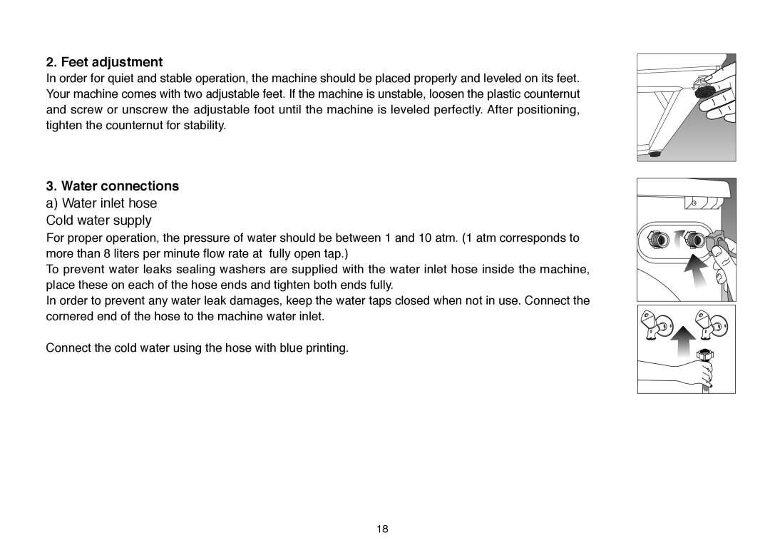 Beko D 7081E, D 7082E, D 7102ES, D 7101E manual Feet adjustment, Water connections a Water inlet hose Cold water supply 