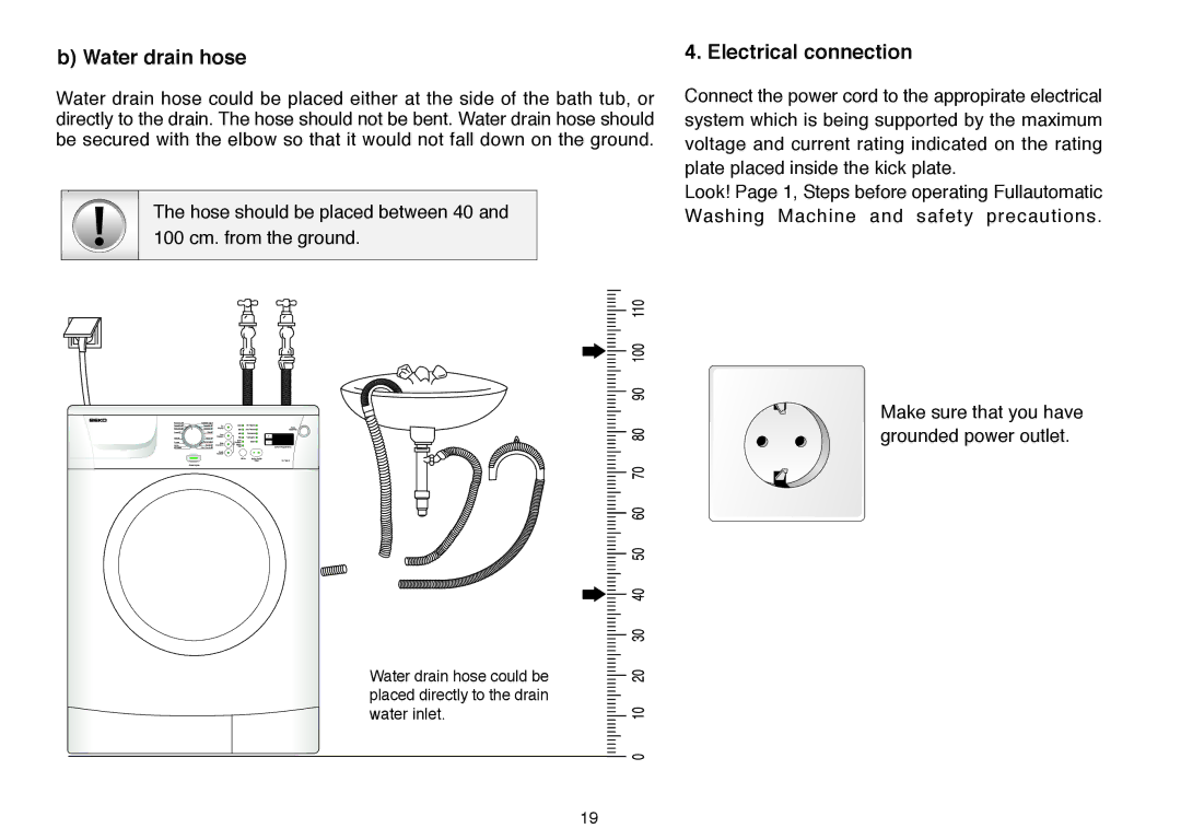 Beko D 7082E, D 7081E, D 7102ES, D 7101E manual Water drain hose, Electrical connection 