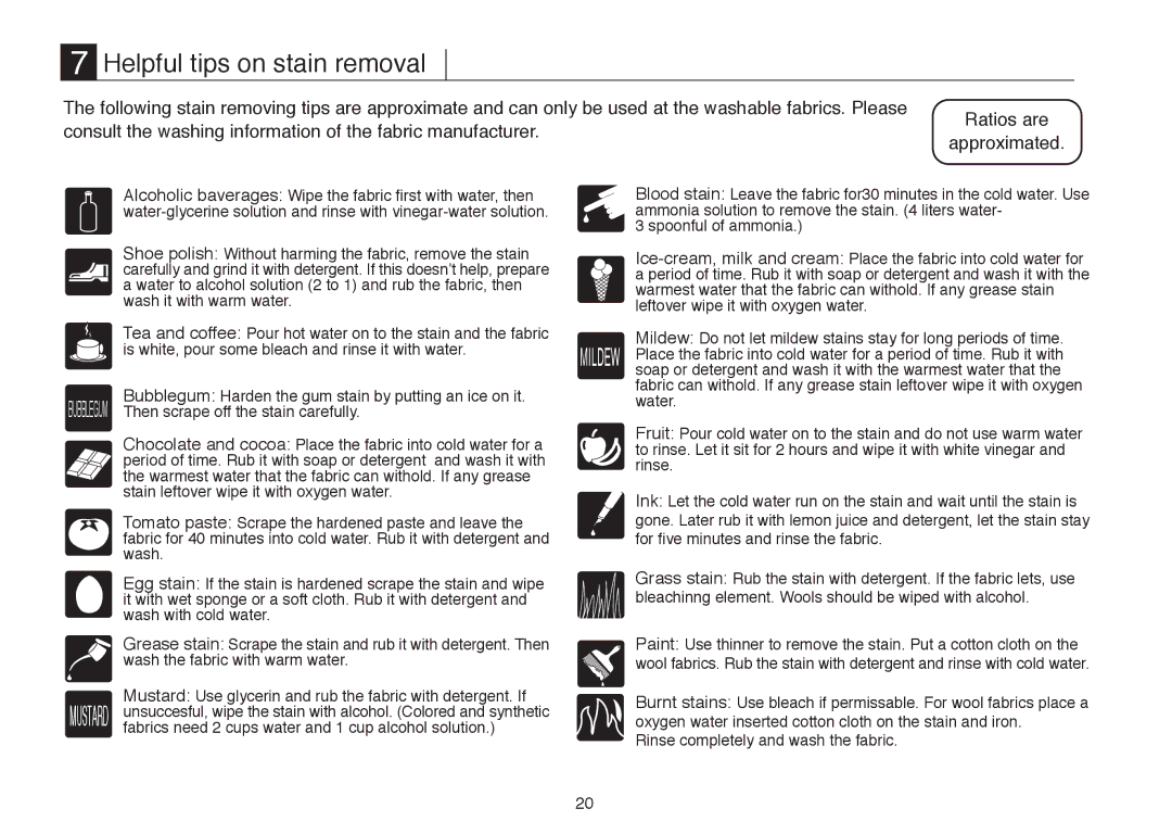 Beko D 7102ES, D 7081E, D 7082E, D 7101E manual Helpful tips on stain removal, Mildew 