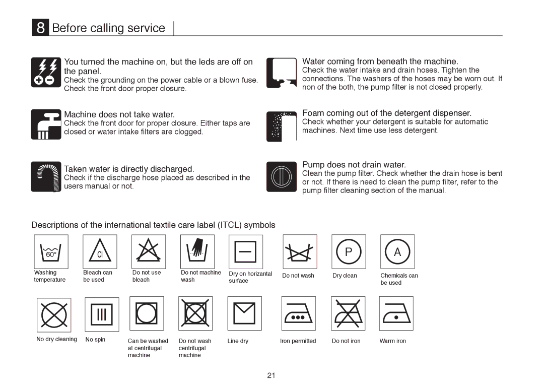 Beko D 7101E, D 7081E, D 7082E, D 7102ES manual Before calling service, Machine does not take water 