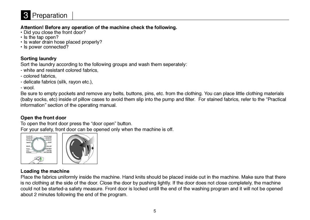 Beko D 7102ES, D 7081E, D 7082E, D 7101E manual Preparation, Sorting laundry, Open the front door, Loading the machine 