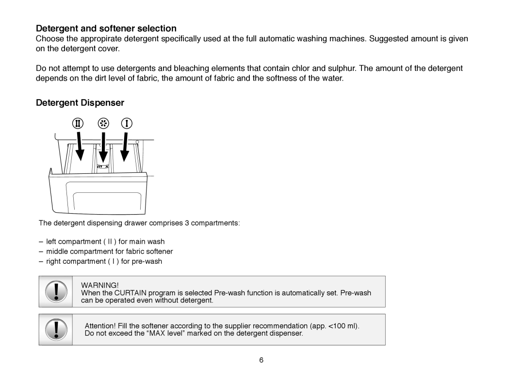 Beko D 7101E, D 7081E, D 7082E, D 7102ES manual Detergent and softener selection, Detergent Dispenser 