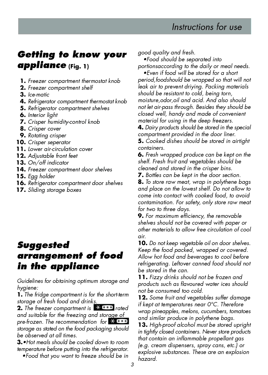 Beko D 9400 NM manual Getting to know your appliance Fig, Suggested arrangement of food in the appliance 