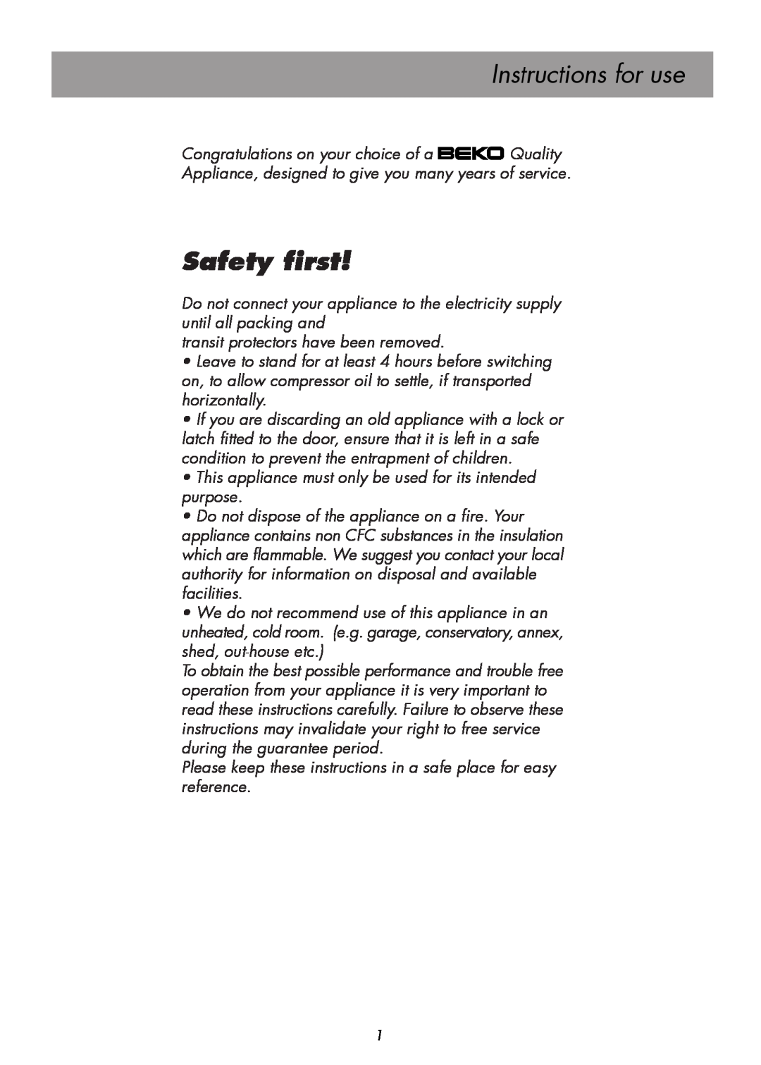 Beko D 9400 NM manual Safety first, Instructions for use 