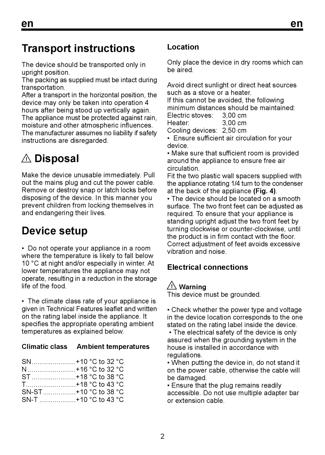 Beko D 9420 NMK instruction manual Transport instructions, Disposal, Device setup, Location, Electrical connections 