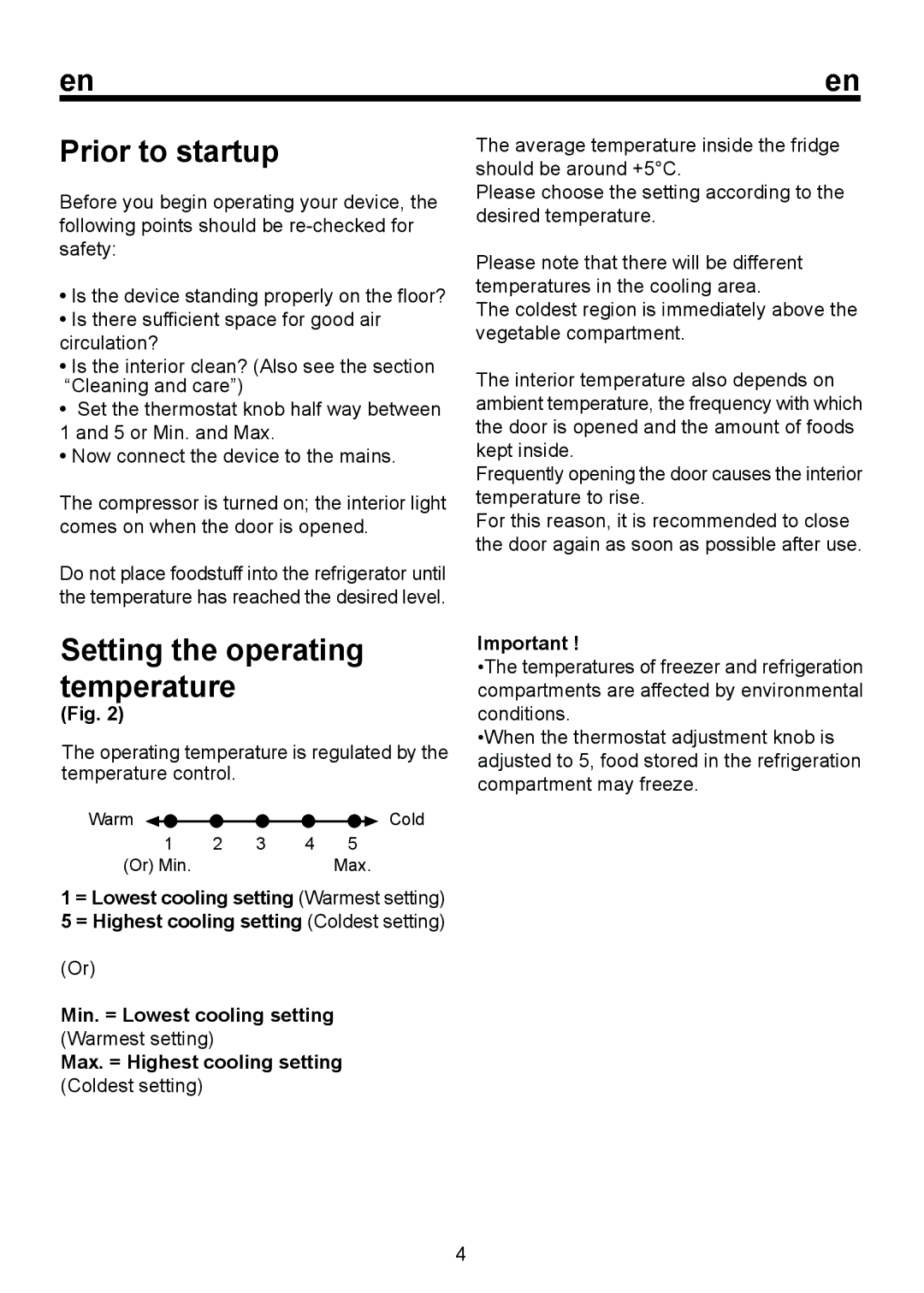 Beko D 9459 NM instruction manual Prior to startup, Max. = Highest cooling setting 