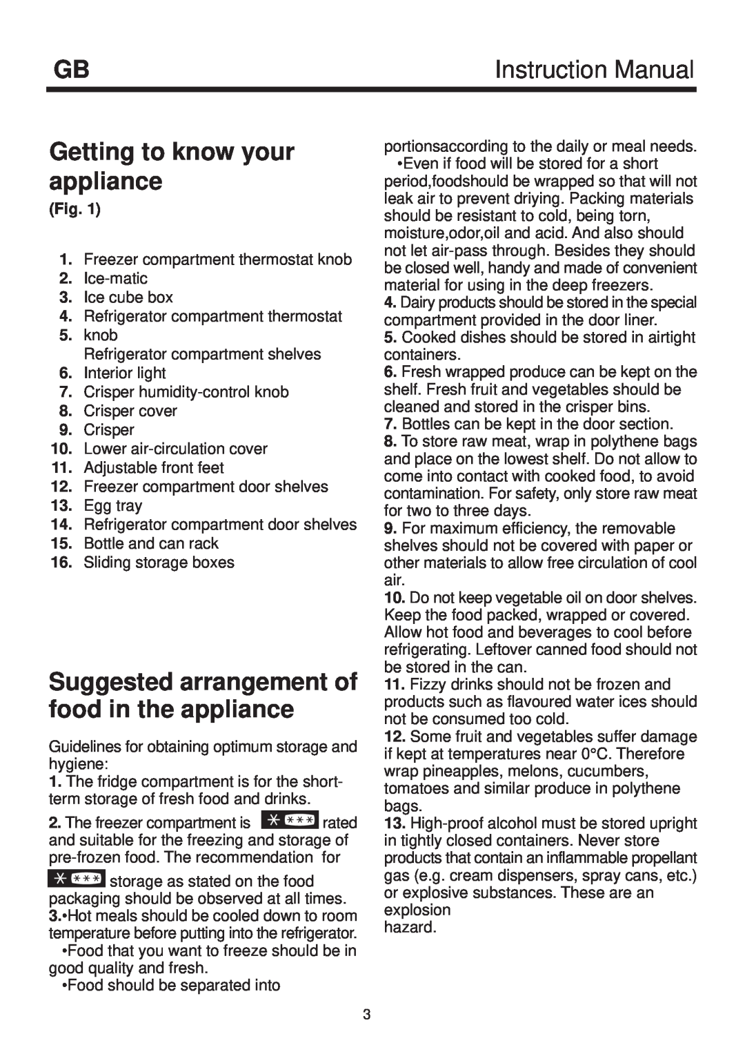 Beko D 9433 manual Getting to know your appliance, Suggested arrangement of food in the appliance, Instruction Manual, Fig 