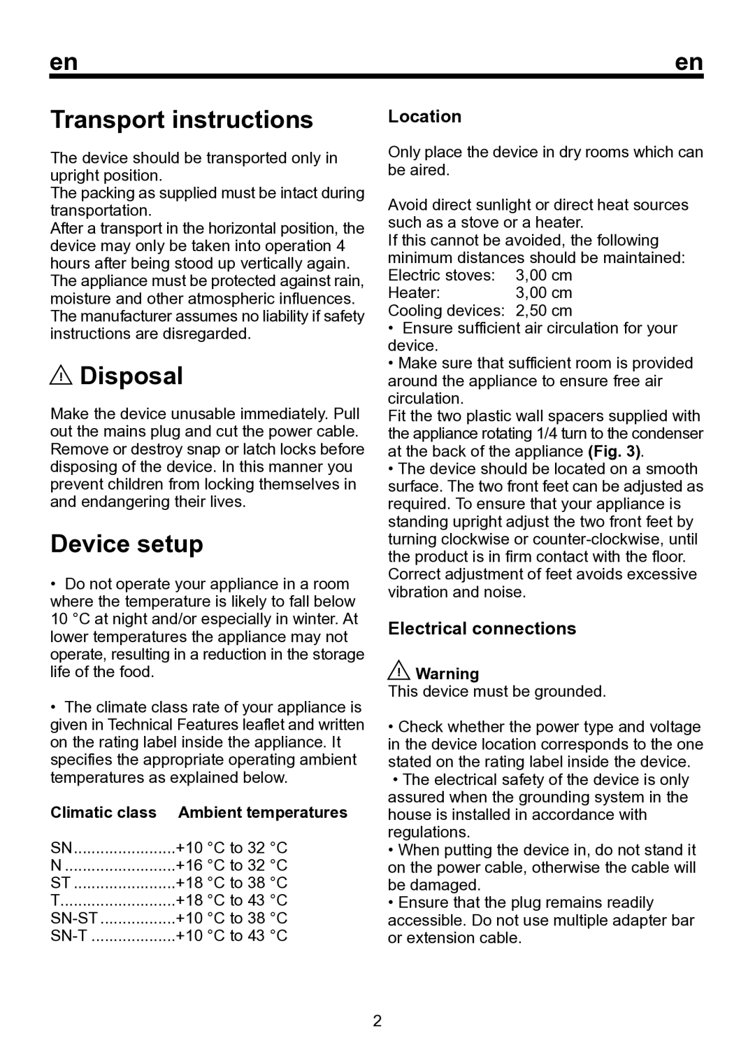 Beko D 8340 SM, D1 8410 SM, D 8459 SM Transport instructions, Disposal, Device setup, Location, Electrical connections 