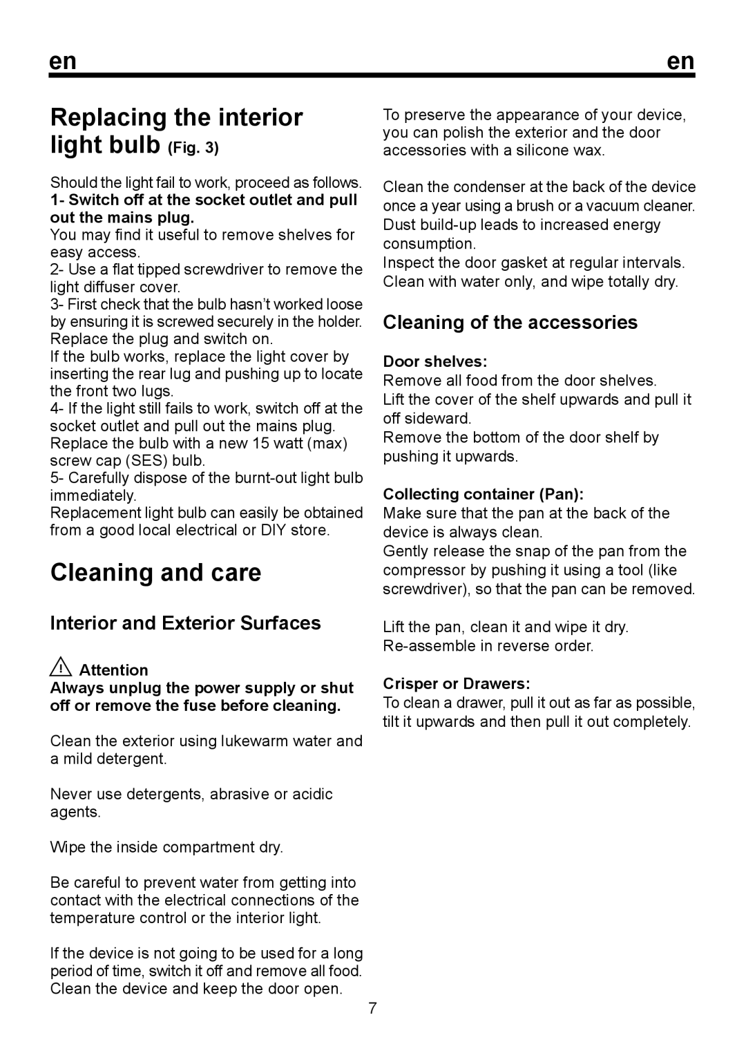 Beko D 8451 SM, D1 8451 SM, D1 8450 SM, D 8450 SM instruction manual Cleaning and care, Replacing the interior light bulb Fig 