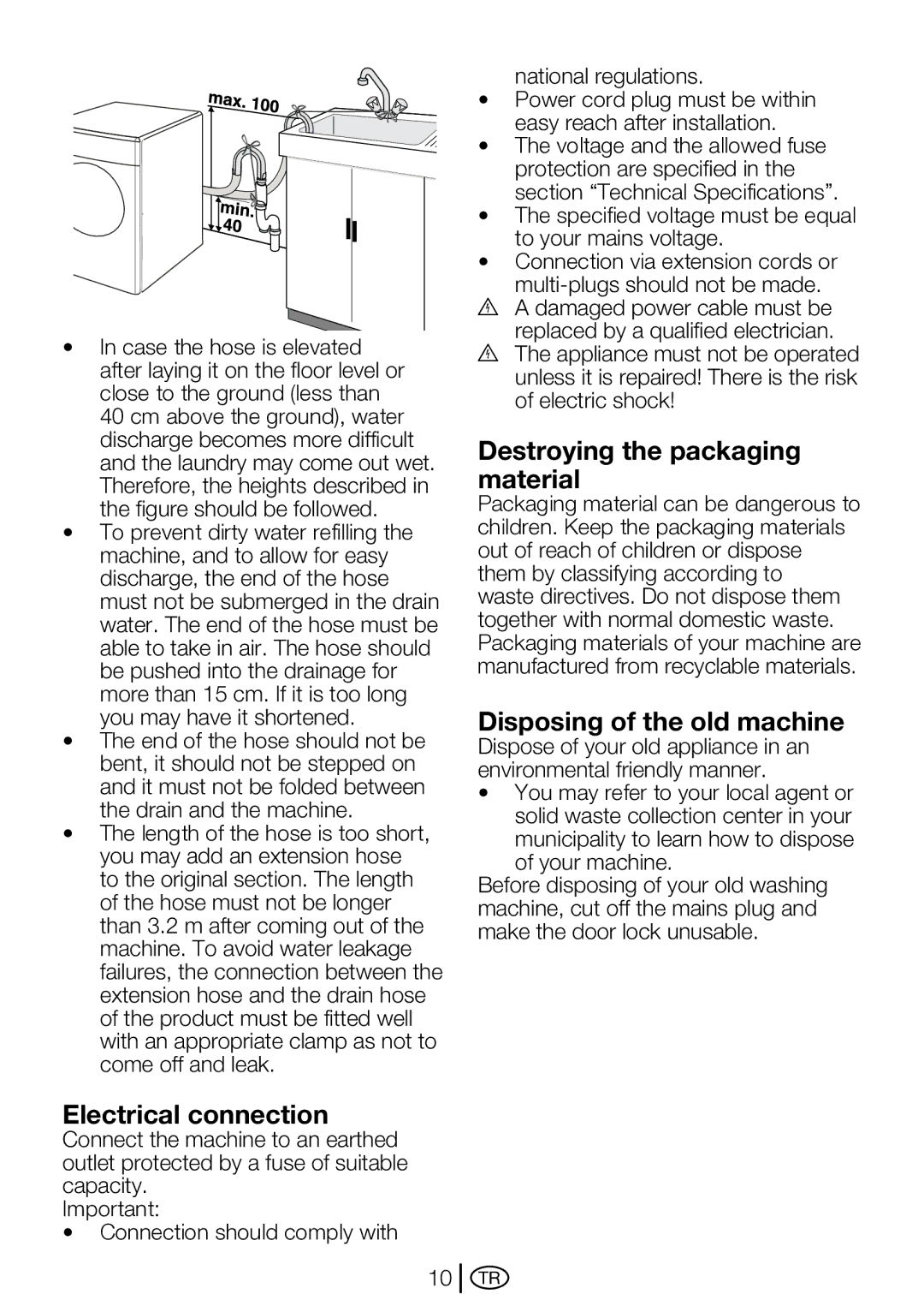 Beko D2 7101E, D2 7102 ES manual Electrical connection, Destroying the packaging material, Disposing of the old machine 