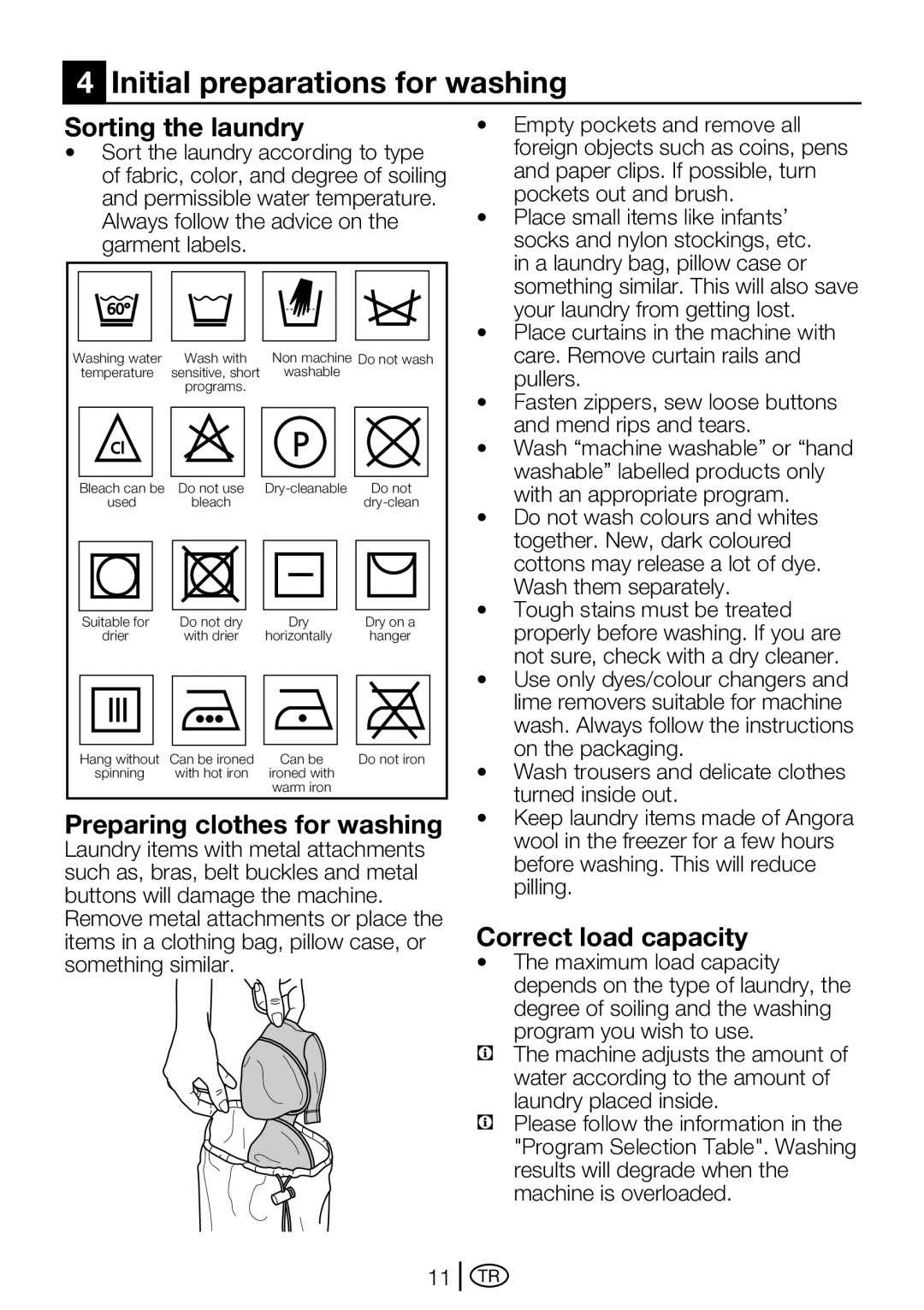 Beko D2 7082 E Initial preparations for washing, Sorting the laundry, Preparing clothes for washing, Correct load capacity 