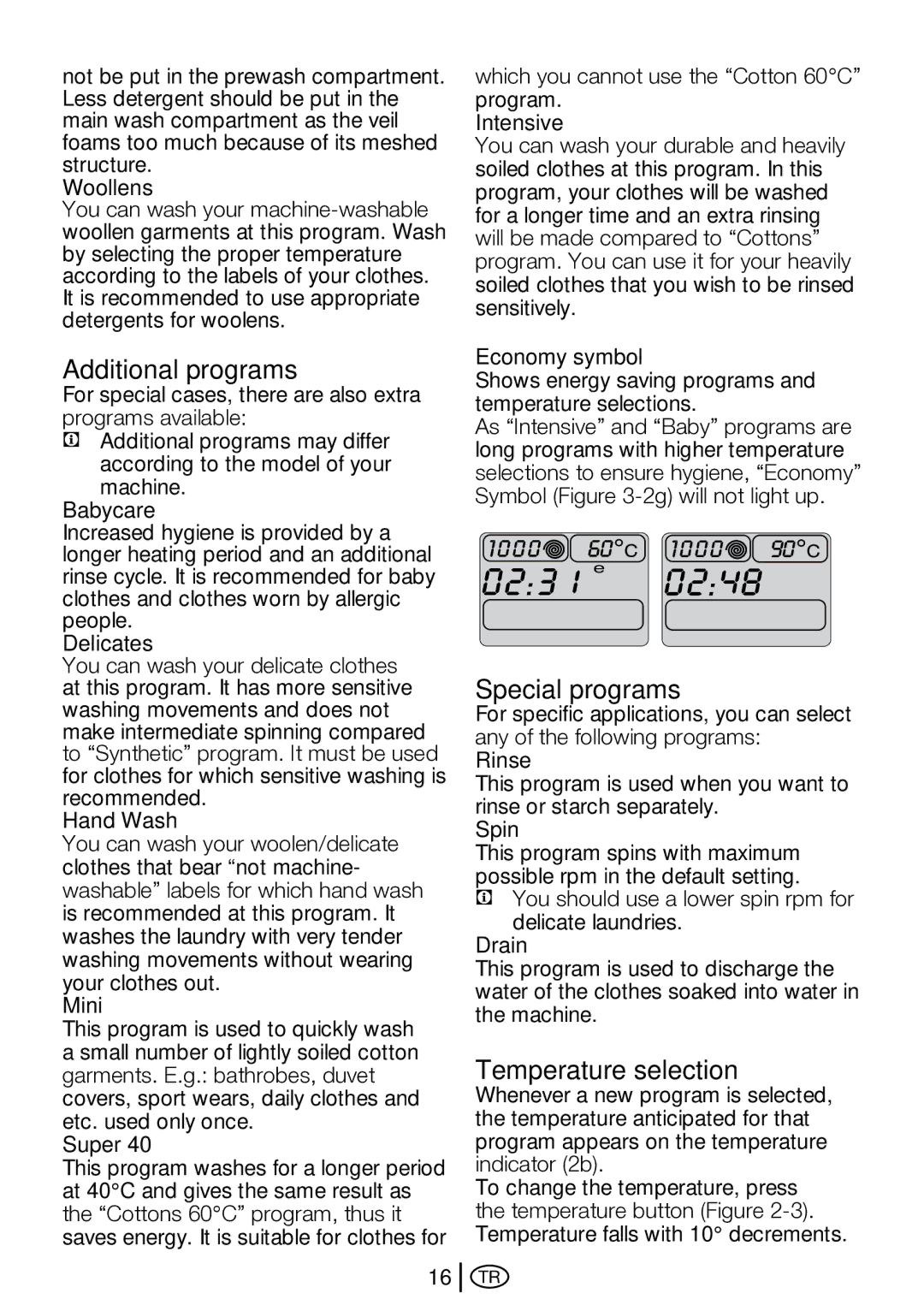 Beko D2 7101E, D2 7102 ES, D2 7082 E manual Additional programs, Special programs, Temperature selection 