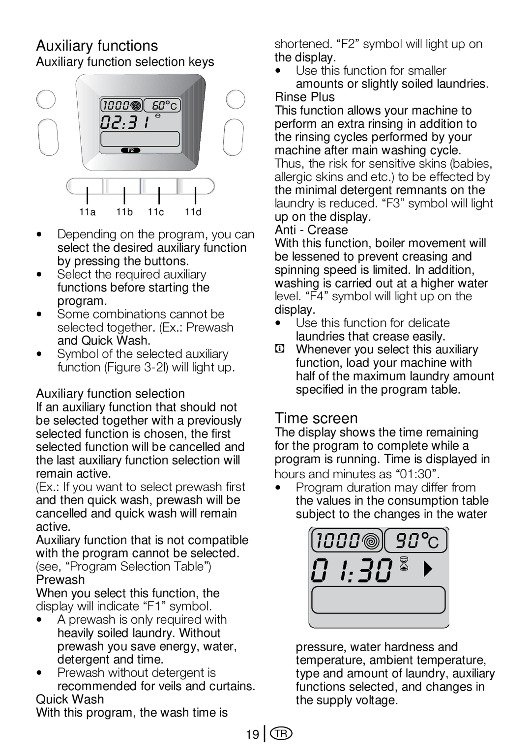 Beko D2 7082 E, D2 7101E, D2 7102 ES manual Auxiliary functions, Time screen 