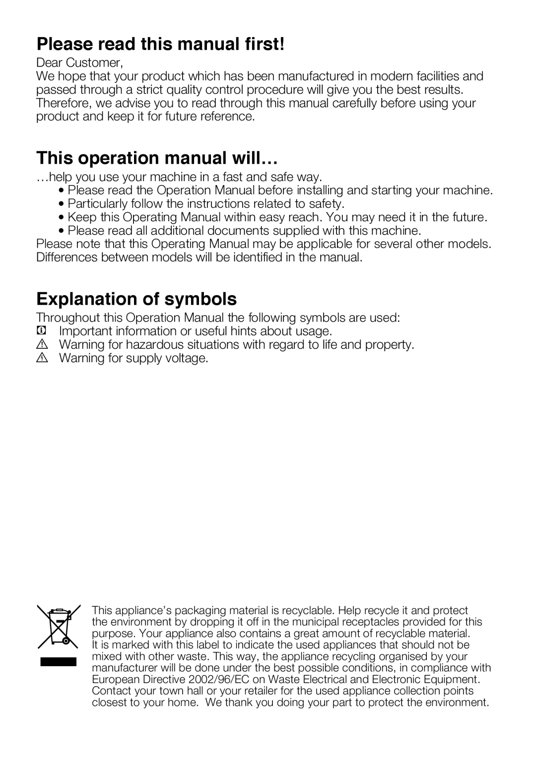 Beko D2 7101E, D2 7102 ES, D2 7082 E Please read this manual first, Explanation of symbols 