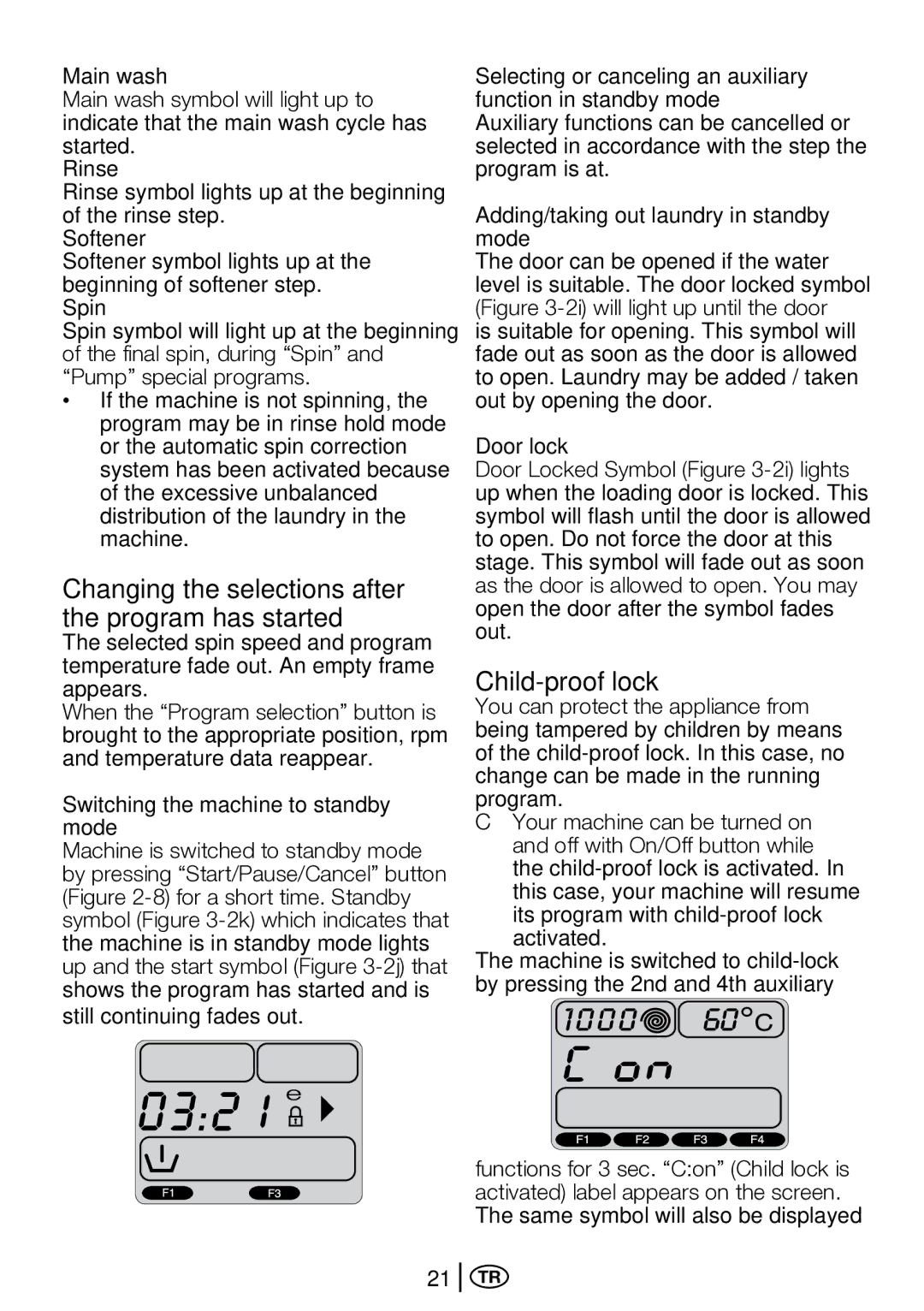 Beko D2 7102 ES, D2 7101E Changing the selections after the program has started, Child-proof lock, Main wash, Door lock 