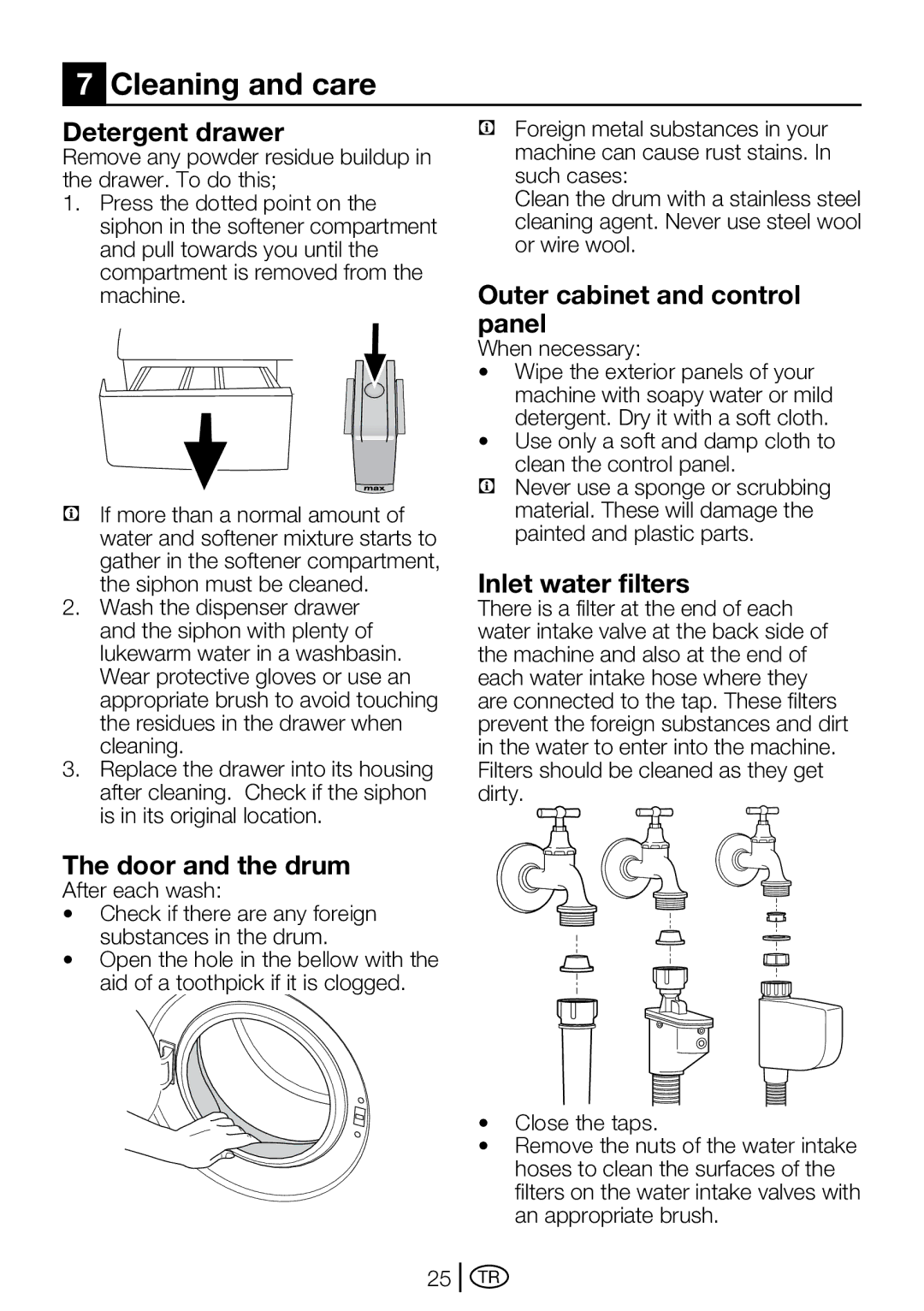 Beko D2 7102 ES, D2 7101E manual Cleaning and care, Detergent drawer, Door and the drum, Outer cabinet and control panel 