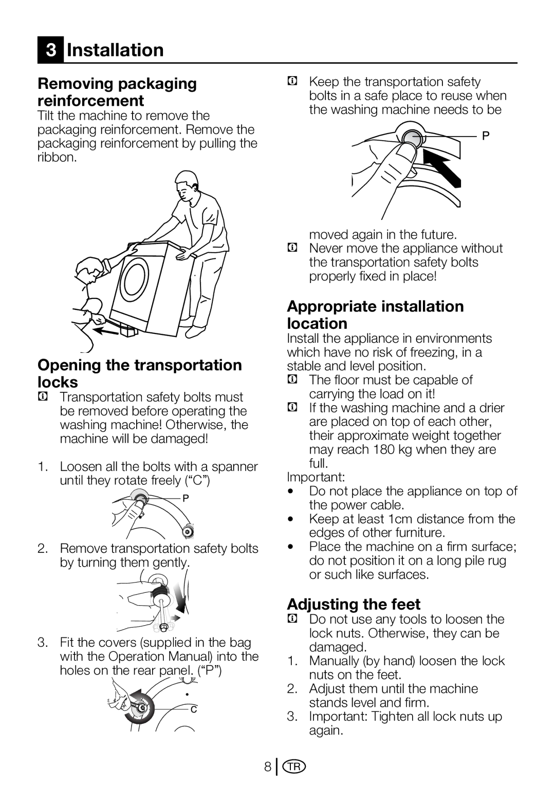 Beko D2 7101E manual Installation, Removing packaging reinforcement, Opening the transportation locks, Adjusting the feet 