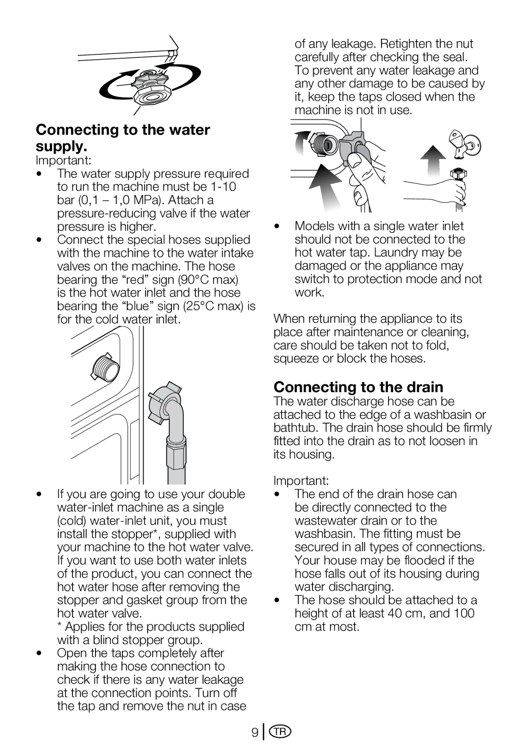 Beko D2 7102 ES, D2 7101E, D2 7082 E manual Connecting to the water supply, Connecting to the drain 