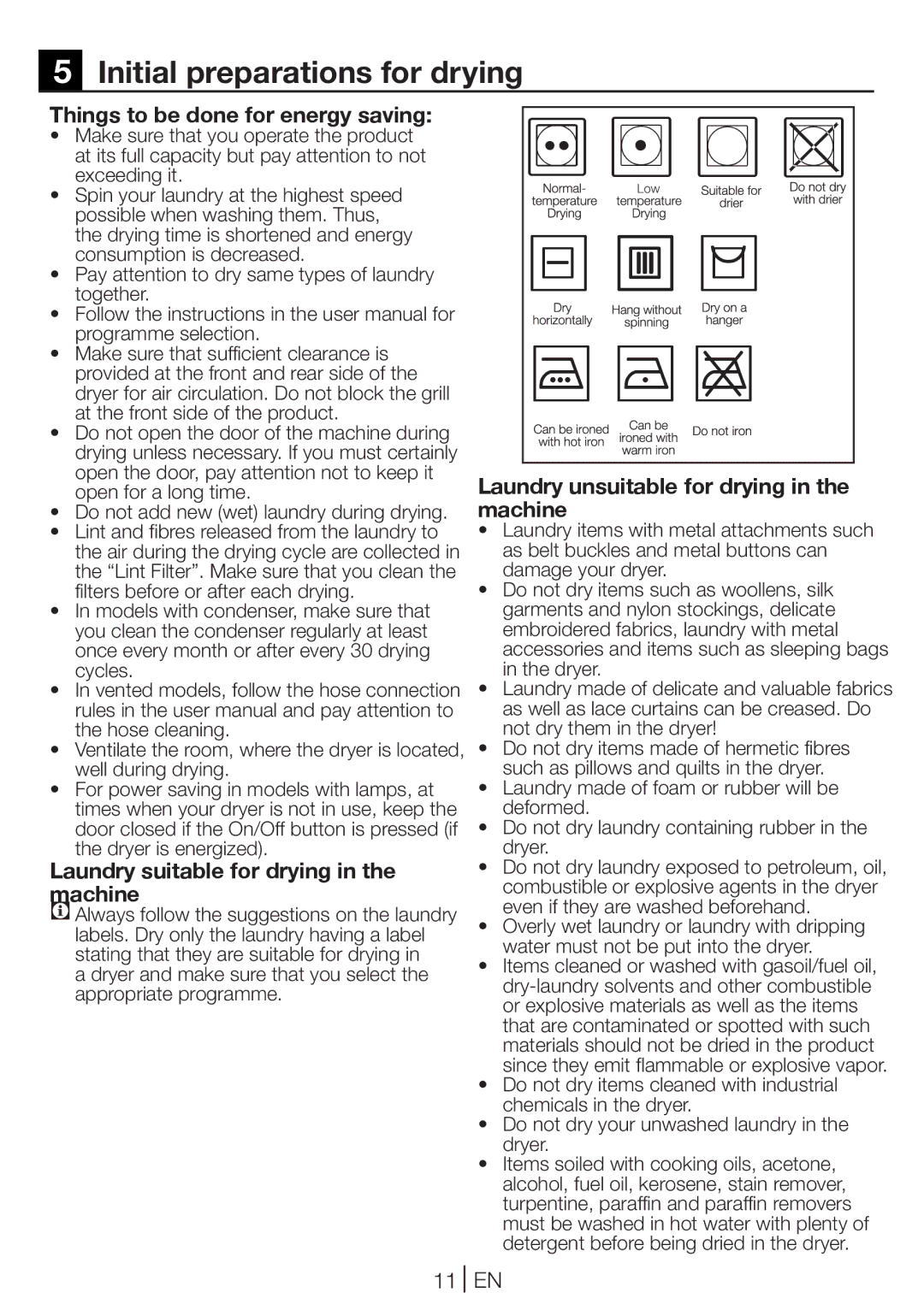 Beko DC 7100 manual Initial preparations for drying, Things to be done for energy saving, 11 EN 