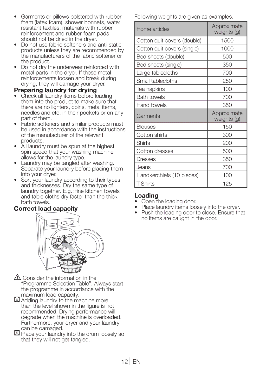 Beko DC 7100 manual Preparing laundry for drying, Correct load capacity, Loading, 12 EN 