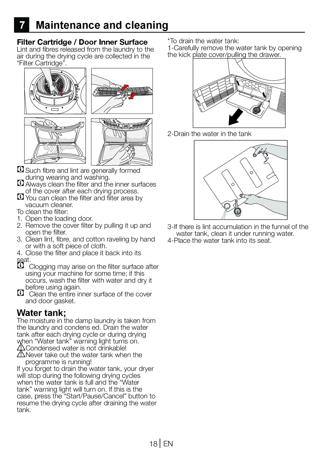 Beko DC 7100 manual Maintenance and cleaning, Water tank, Filter Cartridge / Door Inner Surface, 18 EN 