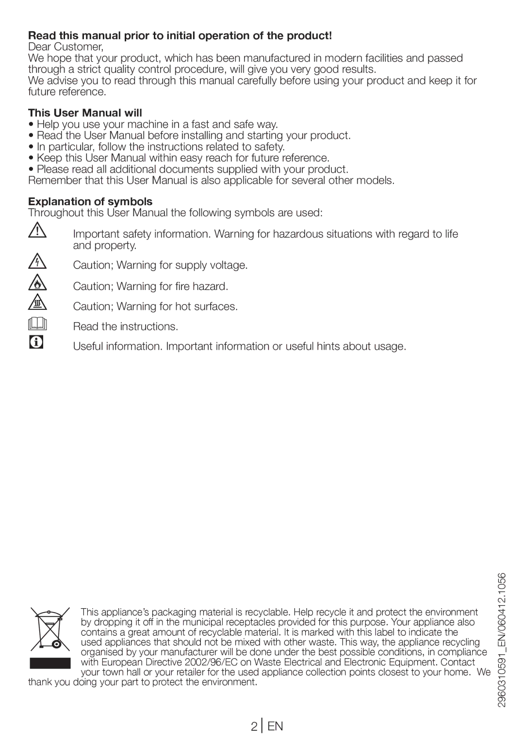 Beko DC 7100 Read this manual prior to initial operation of the product, Explanation of symbols 