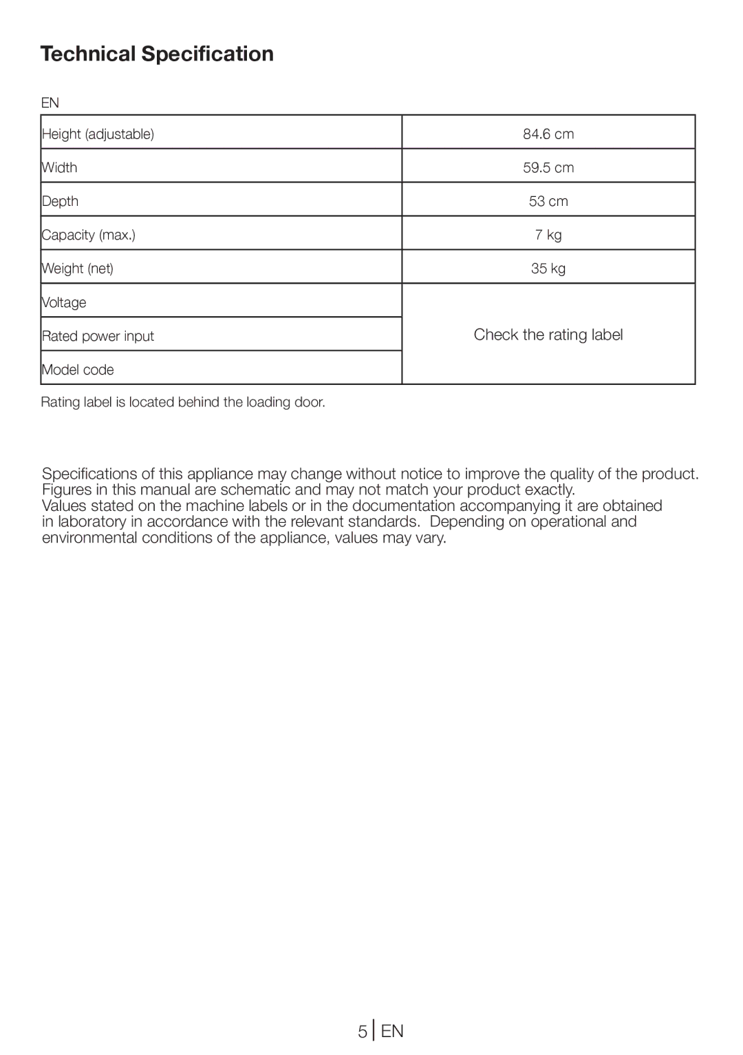 Beko DC 7100 manual Technical Specification 