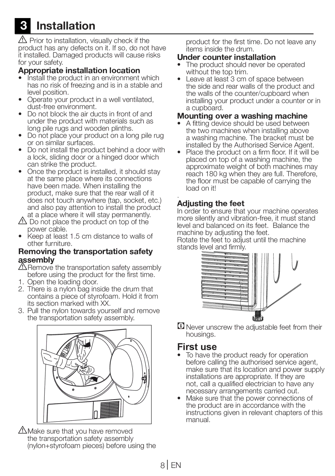 Beko DC 7100 manual Installation, First use 