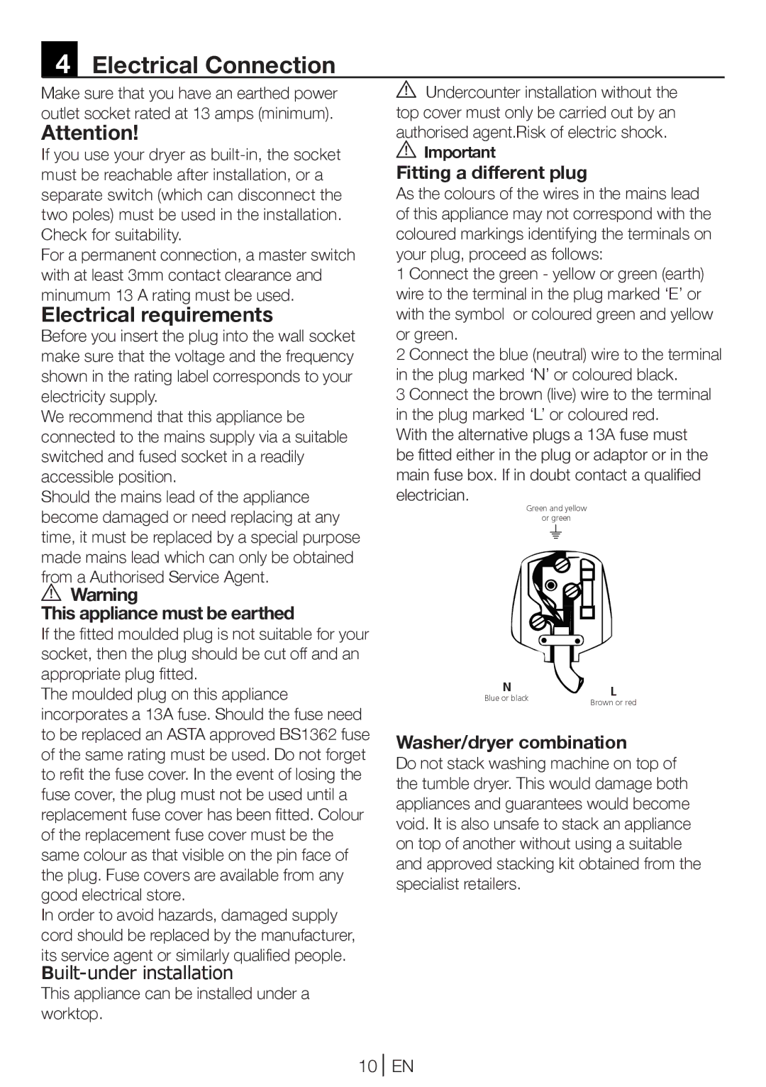 Beko DCU 6130W Electrical Connection, Electrical requirements, This appliance must be earthed, Fitting a different plug 